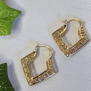 Gold Filled Greek Key Diamond Shape Hoop Earrings New